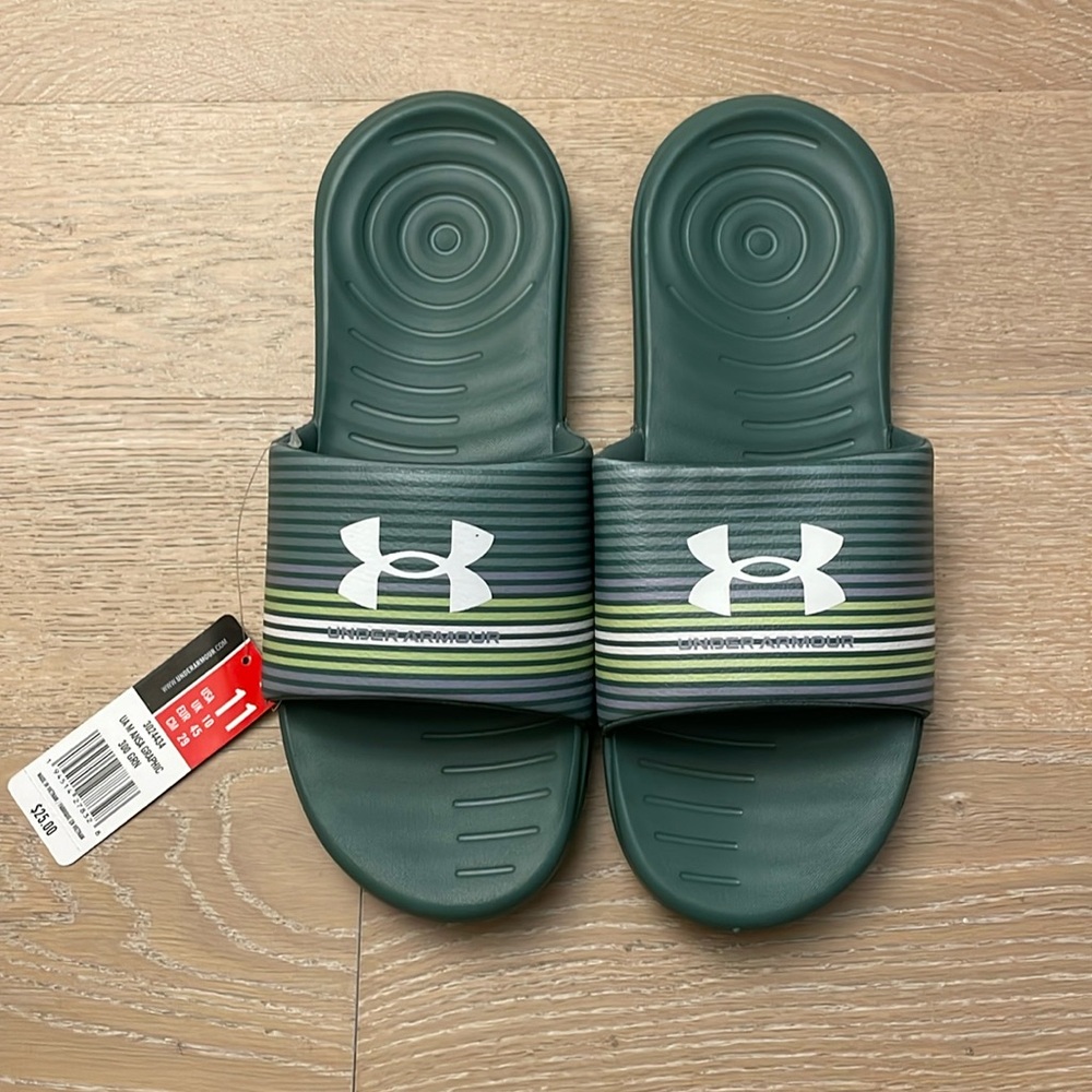 Under Armour green slippers